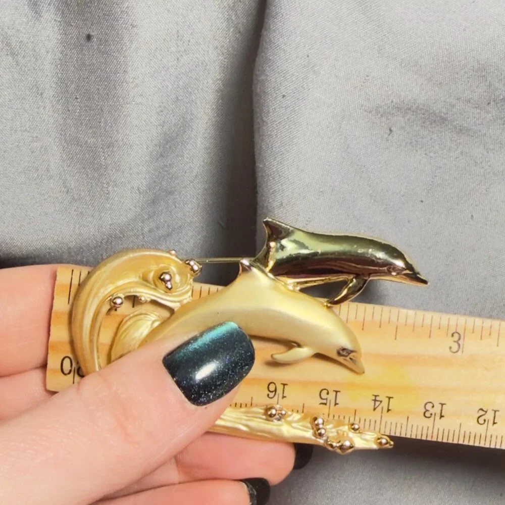 AJC Dolphin Brooch Ocean Wave Figural Gold Tone Pin 2.75”